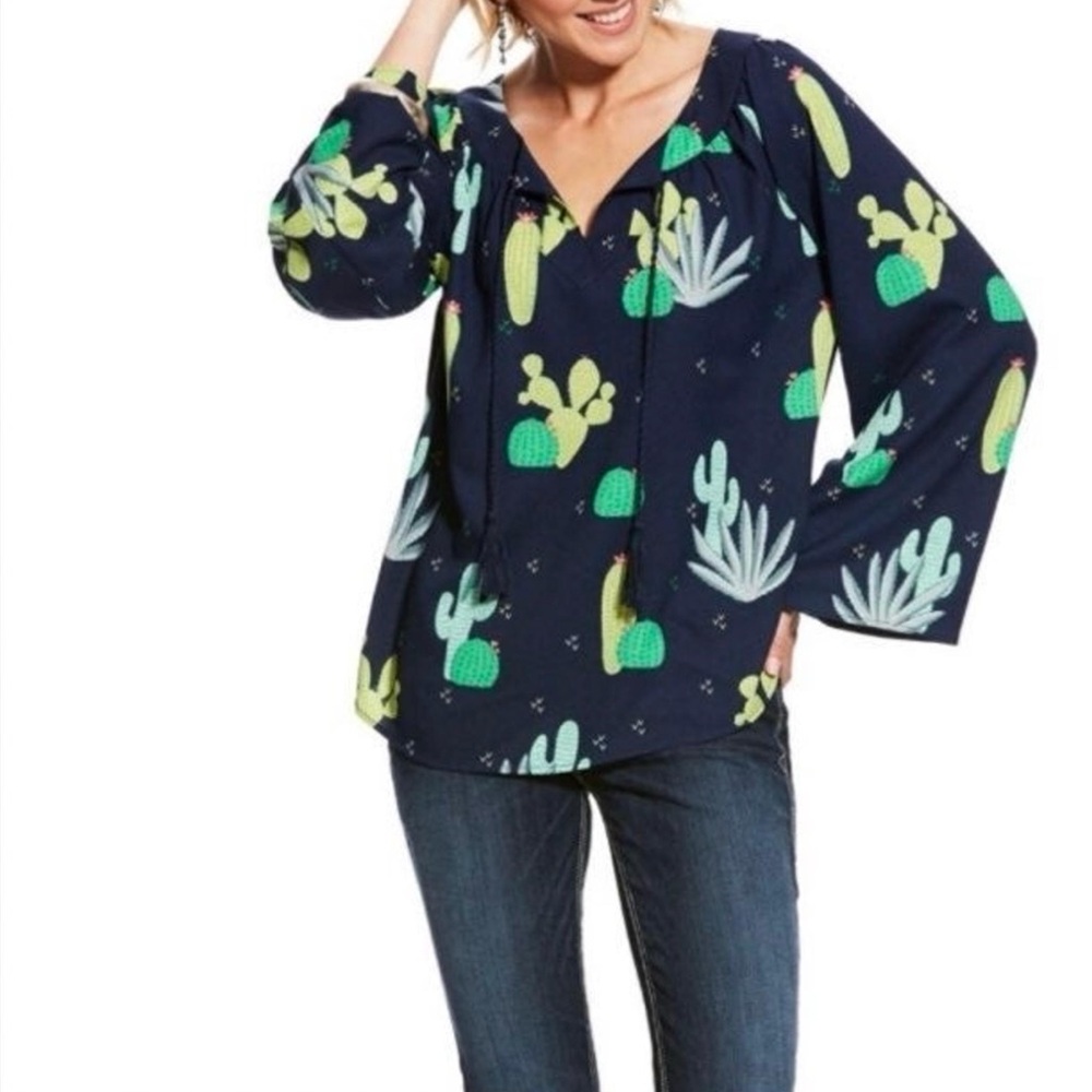 Ariat Womens Sz Large Western Boho Modest Lightweight Cactus Peasant Top